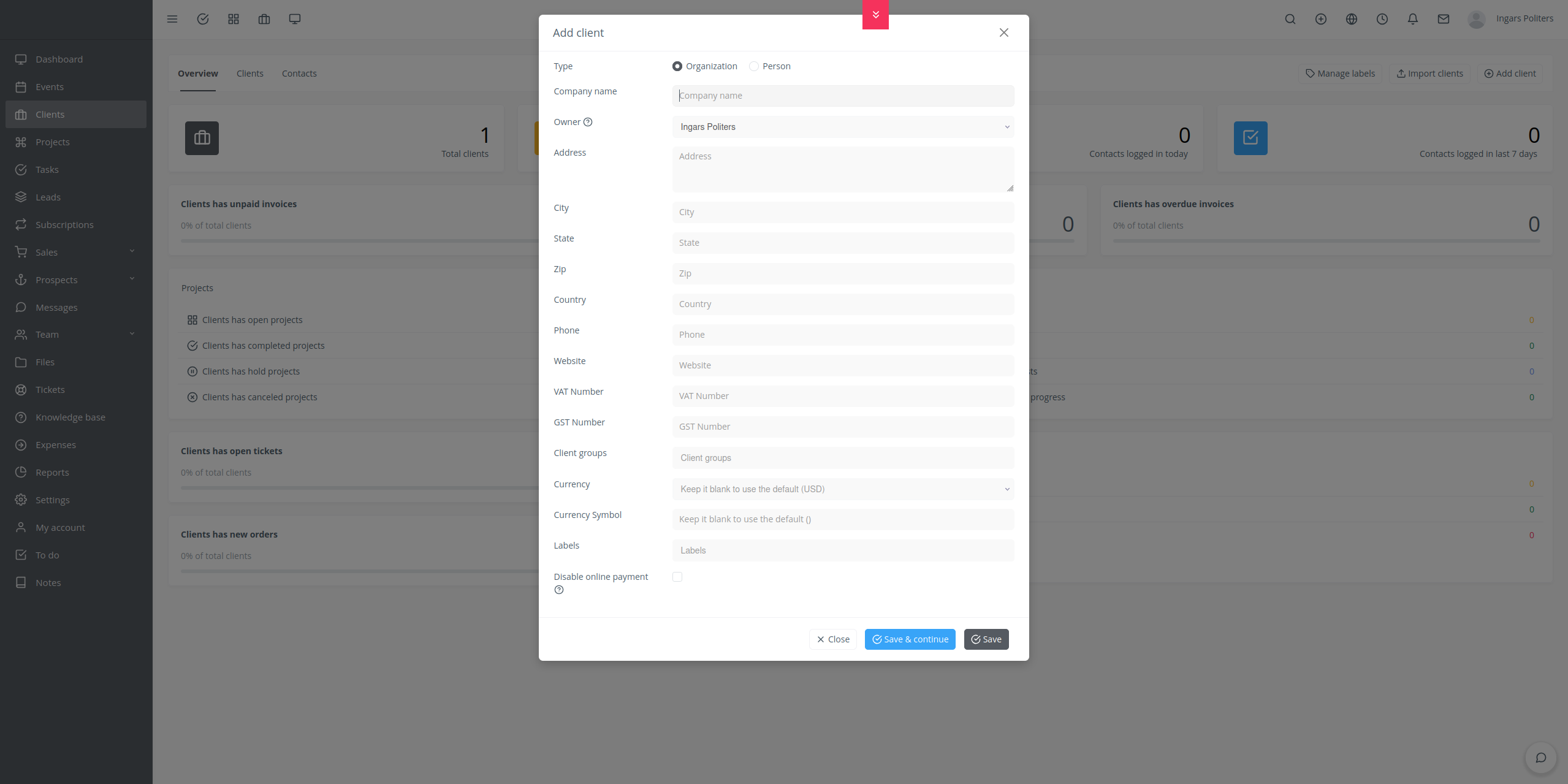 'Add Client' form with fields for Type, Company Name, and other details highlighted.