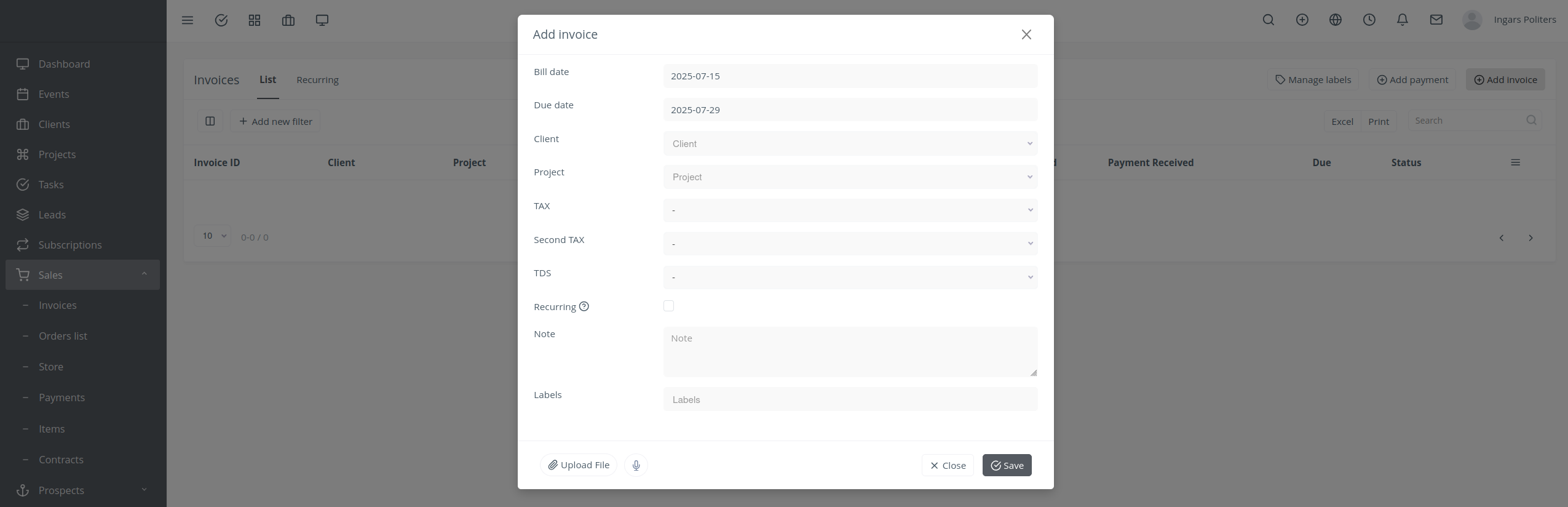 'Add Invoice' form with fields for Bill Date, Due Date, Client, and line items highlighted.