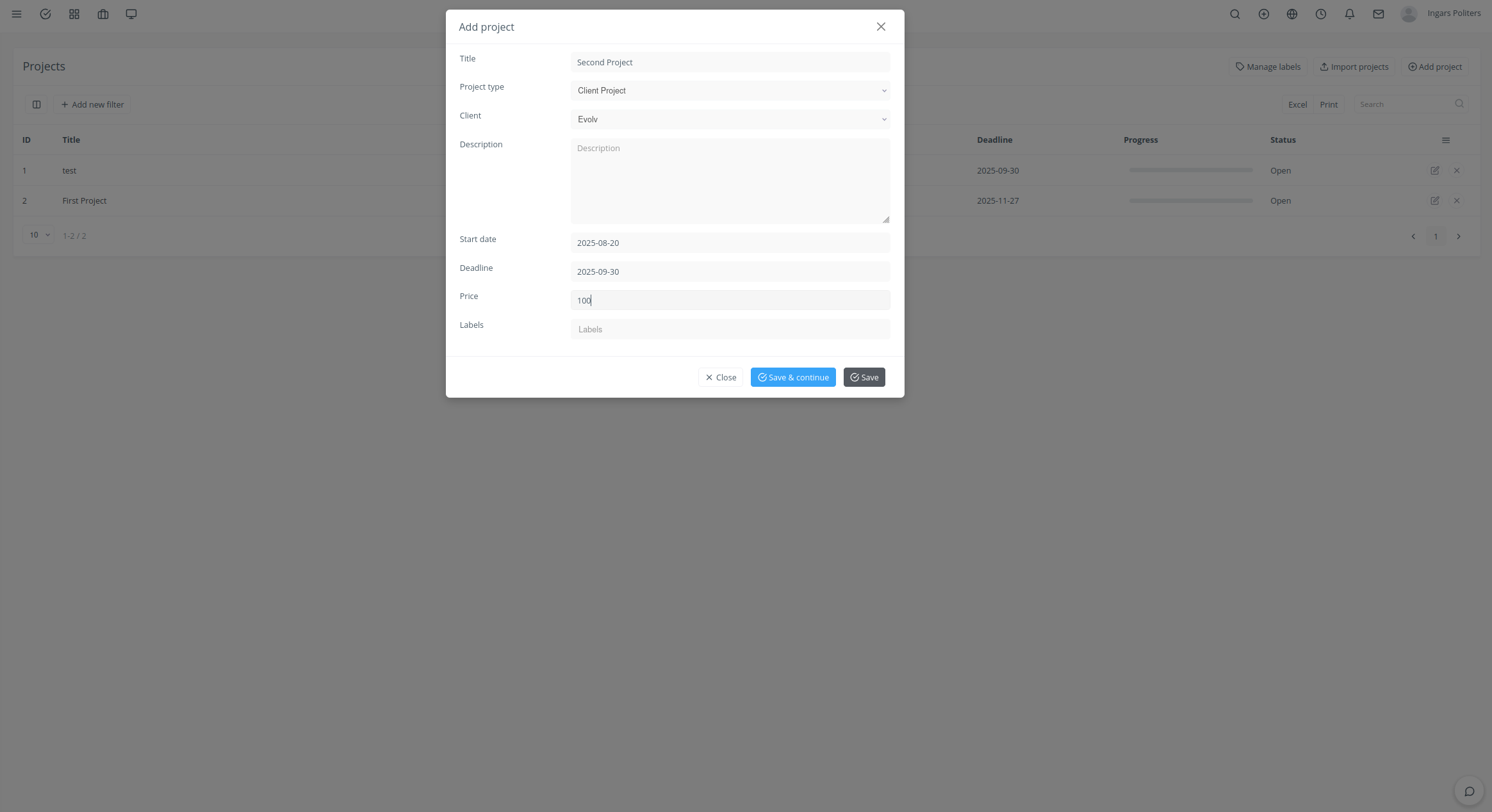 Add Project form with fields for Title, Client, Start Date, and Deadline highlighted