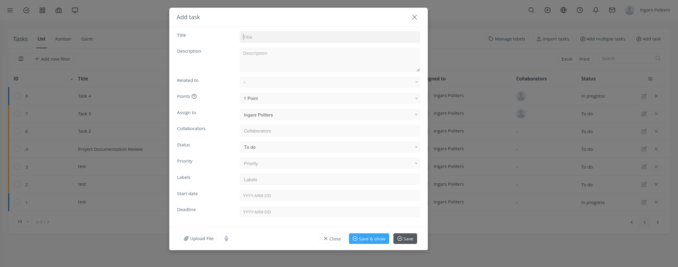 'Add Task' form with fields for Title, Related To, Assign To, Status, and Deadline highlighted.