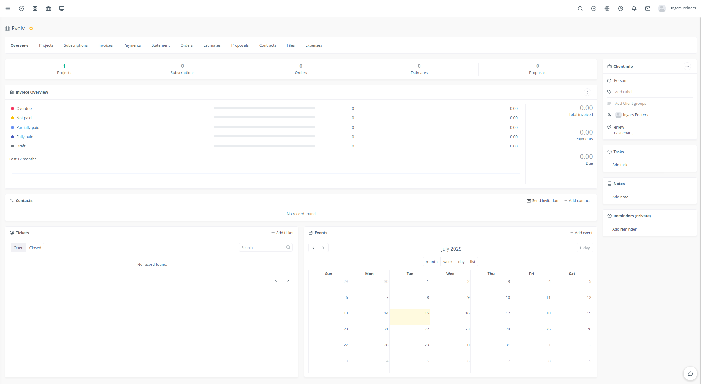 Client profile page with the Overview, Projects, Invoices, and Files tabs highlighted.