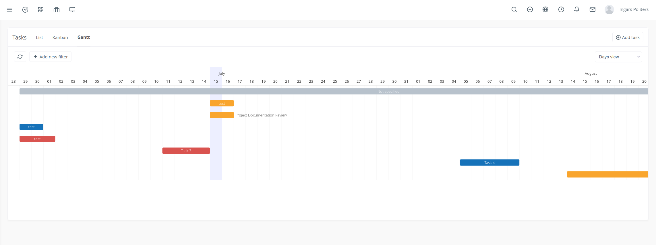 Gantt chart view showing project timeline with task bars and dependencies