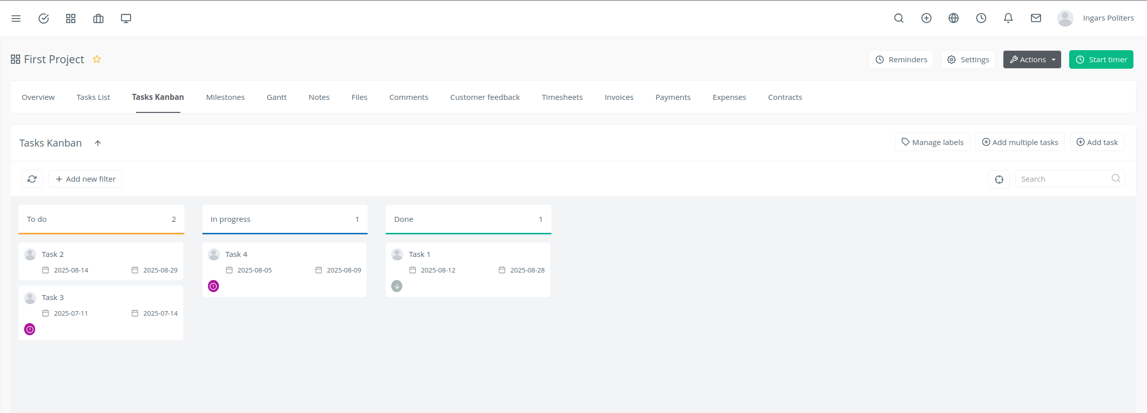 Kanban board view showing tasks organized into status columns